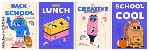 Retro posters set on the theme of Back to School. Groovy cartoon characters and motivation slogans. School lunch, school is cool, be creative. Vector illustration.