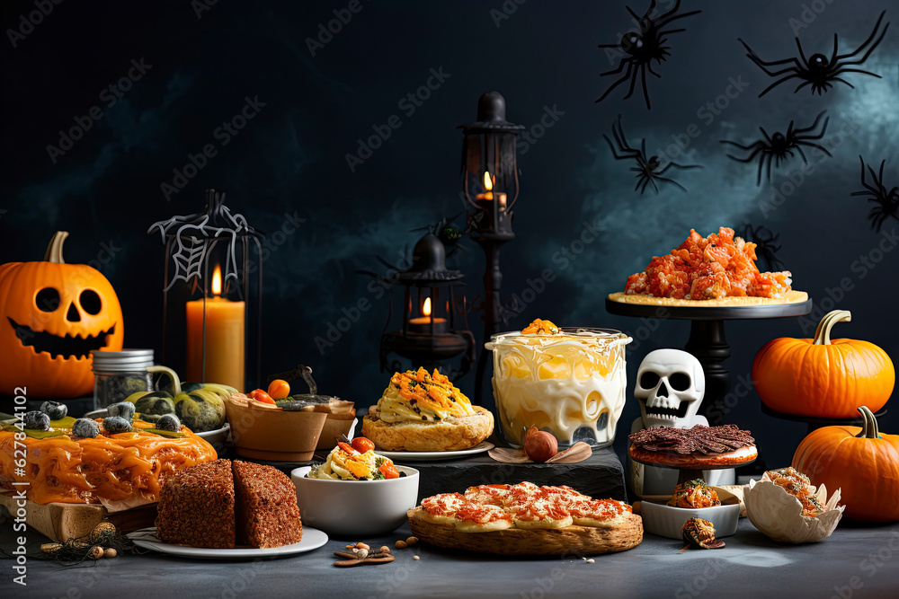 Fototapeta premium Halloween food on Dark Background with copy space (Generative AI)