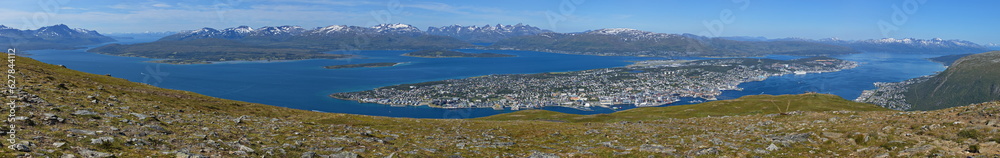 Panoramic view of Tromso from Floya in Troms og Finnmark county, Norway, Europe
