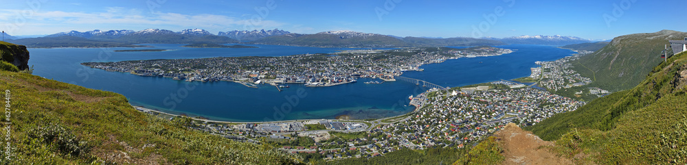 Panoramic view of Tromso from Fjellheisen upper station in Troms og Finnmark county, Norway, Europe
