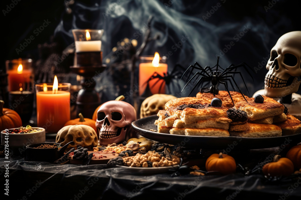 Halloween food on Dark Background with copy space (Generative AI)