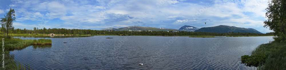 Panoramic view of the lake Prestvannet in Tromso in Troms og Finnmark county, Norway, Europe
