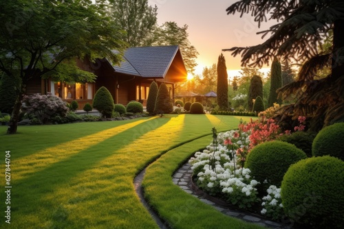 Beautiful manicured lawn and flowerbed with deciduous shrubs on private plot and track to house against backlit bright warm sunset evening light on background.