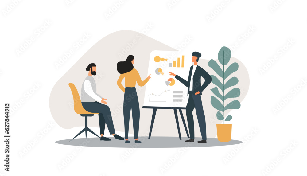 Team of employees discuss the concept of business development, brainstorming, development, profit, adjustment and optimization of business processes. Flat illustration.