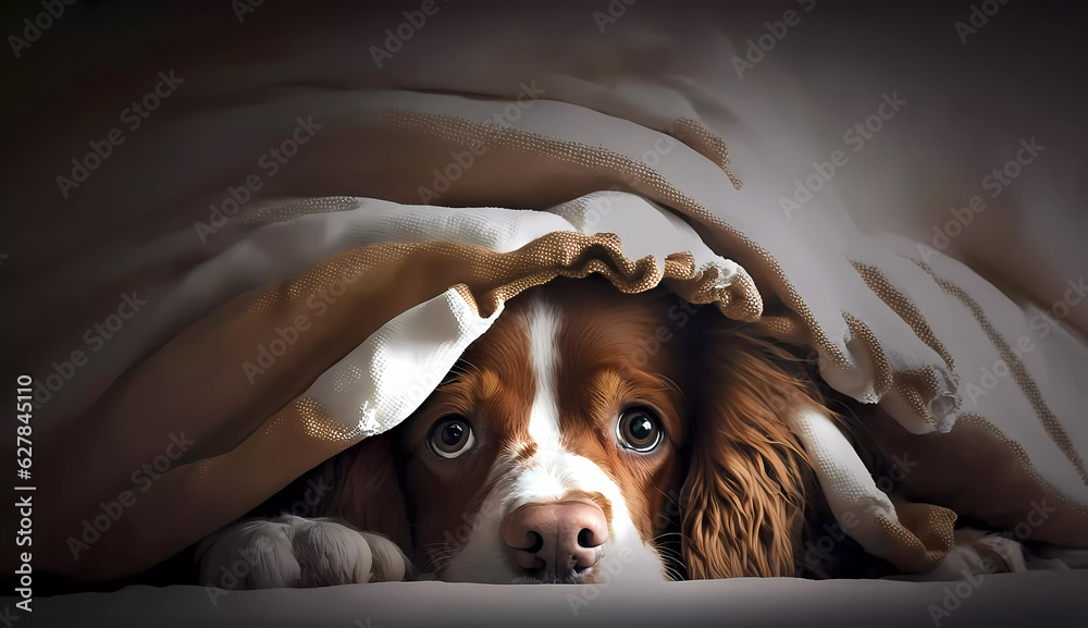 Sad dog under the covers. Banner. Wallpaper. created by AI Stock Photo