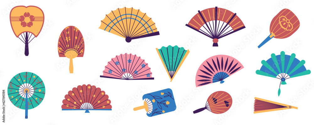 Paper hand fans. Traditional oriental folding fans, hand wind accessories flat style different color. Vector chinese japanese asian fans set Paper hand fans. Traditional oriental folding fans, hand wind accessories flat style different color. Vector chinese japanese asian fans set