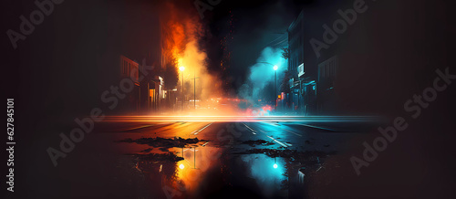 Night city. Neon lights. Wet asphalt  streetlight smoke. Screensaver. Generated AI