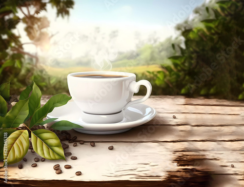 A cup of morning aromatic coffee on a wooden tabletop. Green leaves of coffee tree. Coffee. AI generated