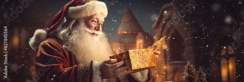 Santa Claus is opening Christmas present with golden glitters scene on dark background