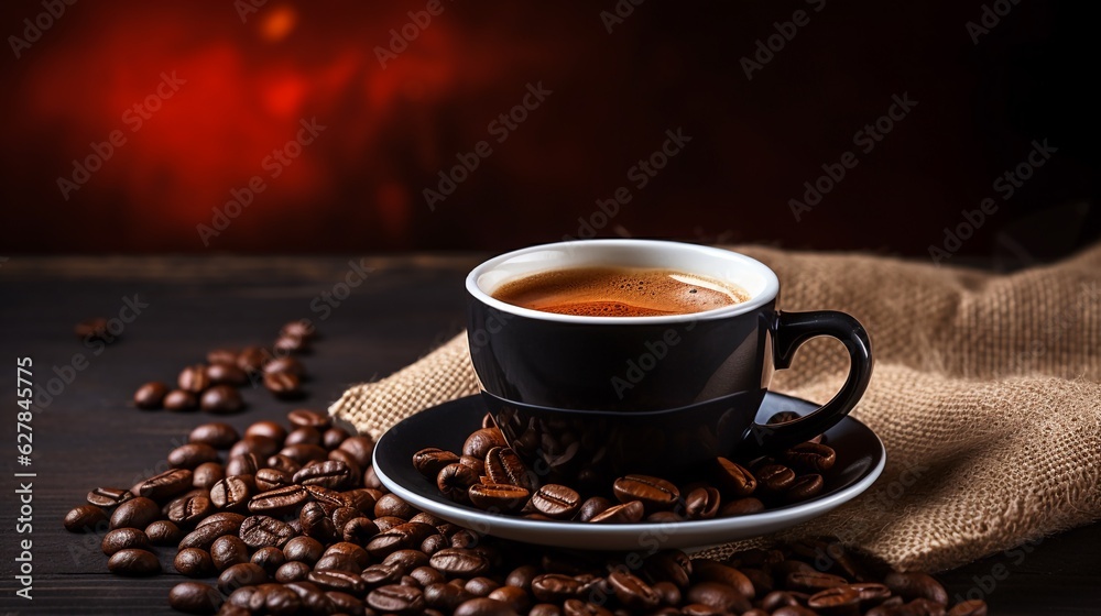 Cup of coffee with smoke and coffee beans on wooden background Cup of coffee with smoke and coffee beans on wooden background