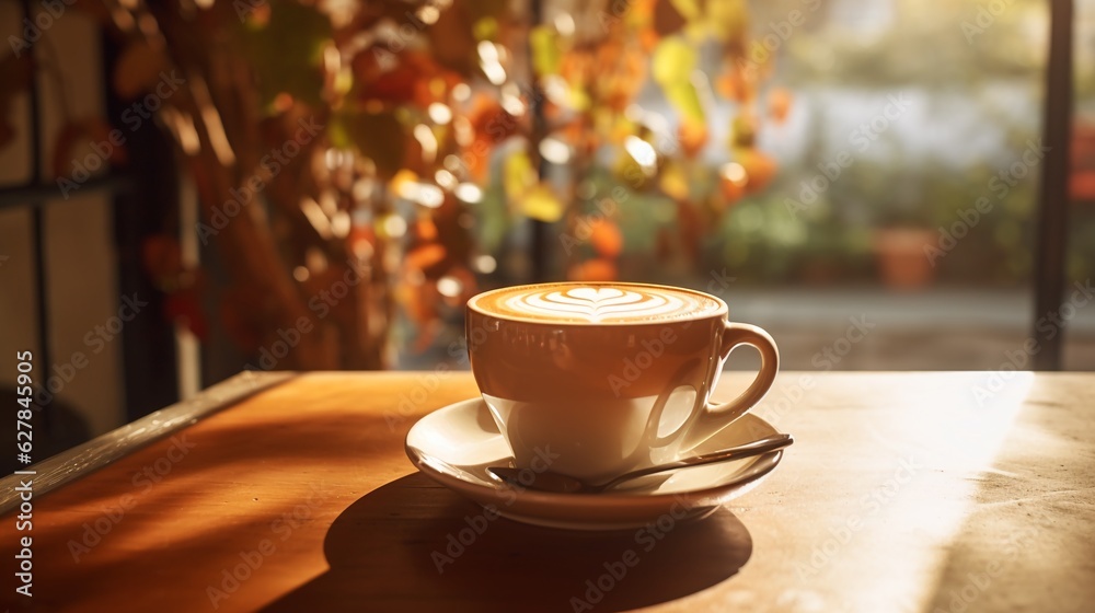 Fototapeta premium Close up coffee cup with Rosetta shape latte art on wood tab on bokeh decent cafe background