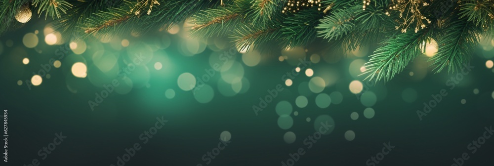 Christmas tree branches on golden glitters bokeh wide background banner