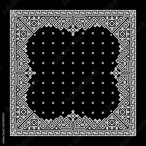 Simple Black Bandana decorated with white geometric ornament that can be applied to fabrics of various colors (ID: 627845923)