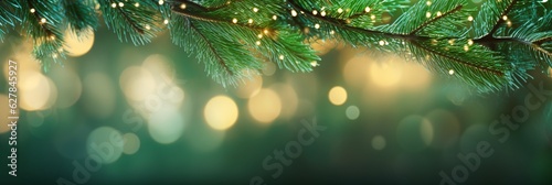 Christmas tree branches on golden glitters bokeh wide background banner