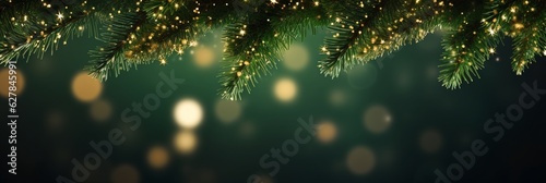 Christmas tree branches on golden glitters bokeh wide background green banner