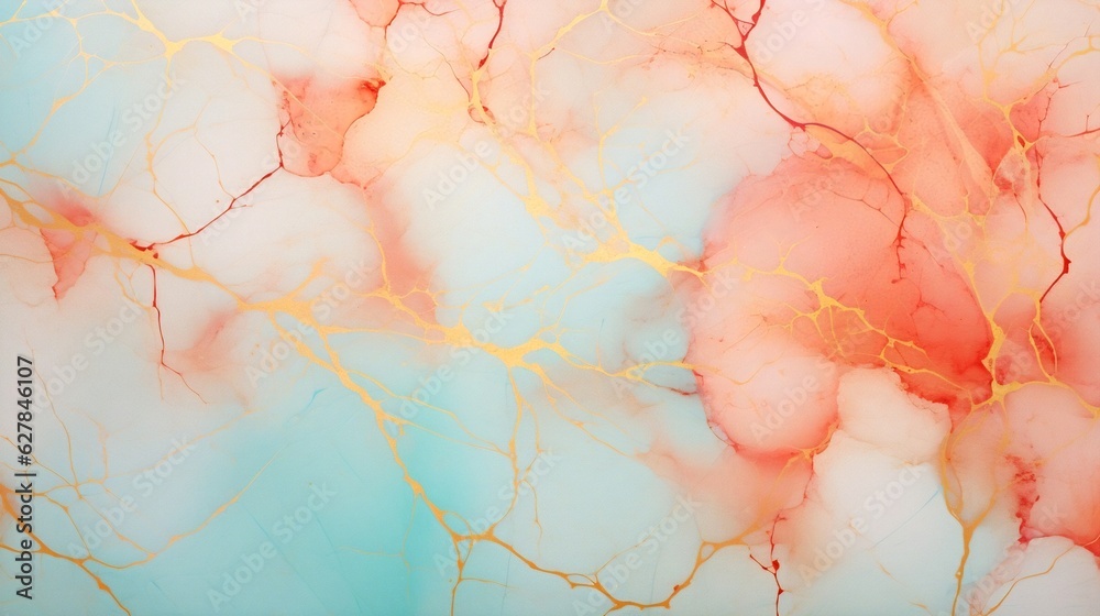 Generative AI : Abstract marble dusty Soft Coral and Pale Turquoise liquid watercolor background with gold lines. Soft Coral and Pale Turquoise alcohol ink drawing effect backdrop for obituary, menu,  - obrazy, fototapety, plakaty 