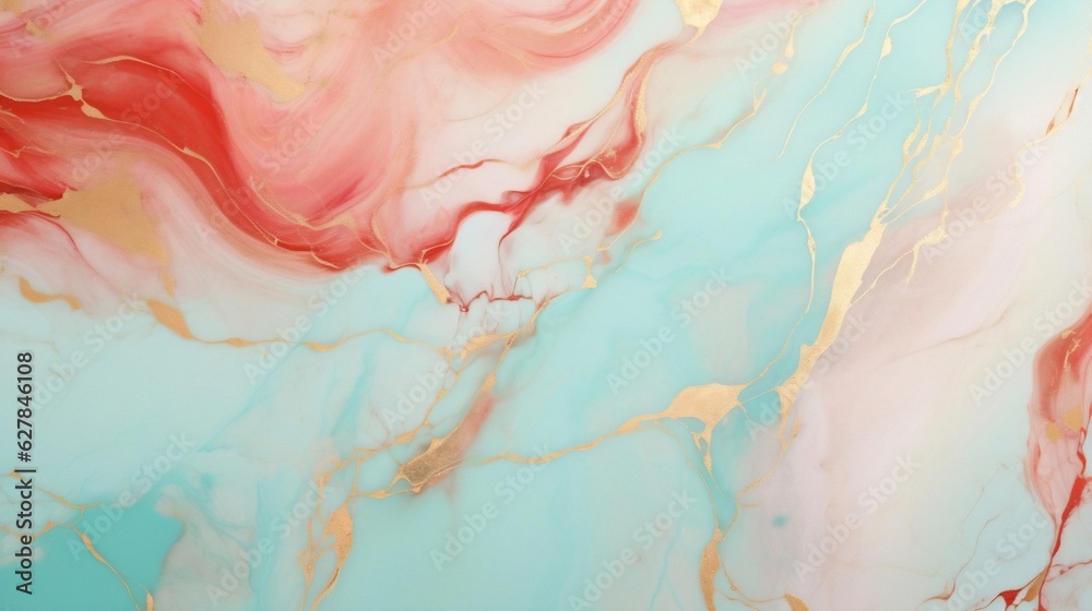 Generative AI : Abstract marble dusty Soft Coral and Pale Turquoise liquid watercolor background with gold lines. Soft Coral and Pale Turquoise alcohol ink drawing effect backdrop for obituary, menu, 
