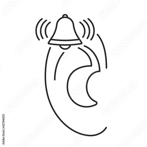 Human ear with tinnitus line art, bell as symbol of ringing in ears. Hear loud noise. Diseases of hearing organ or neurology problem. Vector