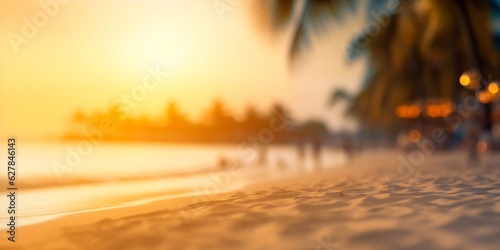 Generative AI : Blur tropical sunset beach with bokeh sun light wave abstract background. Copy space of outdoor summer vacation and travel adventure concept