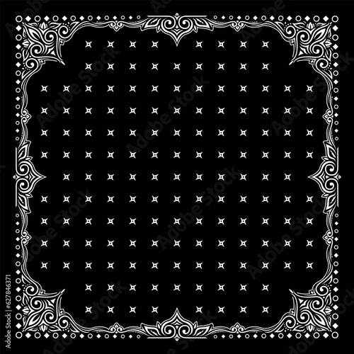 Simple Black Bandana decorated with white geometric ornament that can be applied to fabrics of various colors (ID: 627846371)