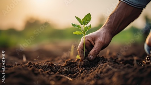 Farmer's Hands Planting Seedling in Regenerative Agriculture Field: Close-Up Shot. Sustainable Farming and Eco-Friendly Agriculture Concept. photo