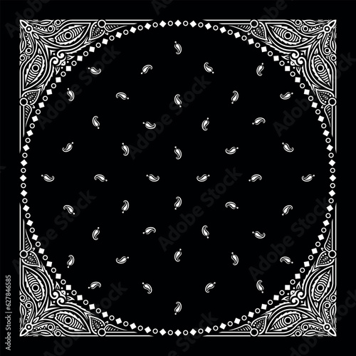 Simple Black Bandana decorated with white geometric ornament that can be applied to fabrics of various colors (ID: 627846585)