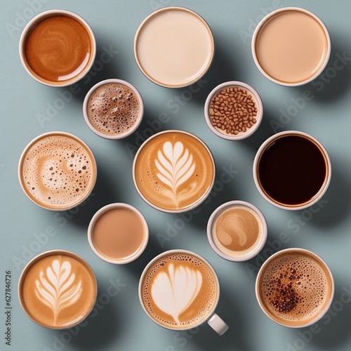 Variety of coffee like cappuccino, espresso, milk coffee, hot drink for breakfast, take a break, generative AI