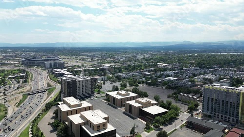 Aerial shot of Rocky Mountains foothills from downtown Denver