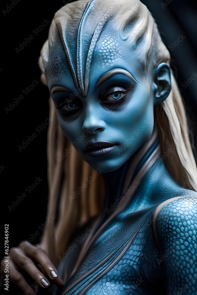Ethereal Beauty: Portrait of a Stunning Young Alien Woman with Blue Skin, Model with Blond Hair and Blue Eyes - generative ai