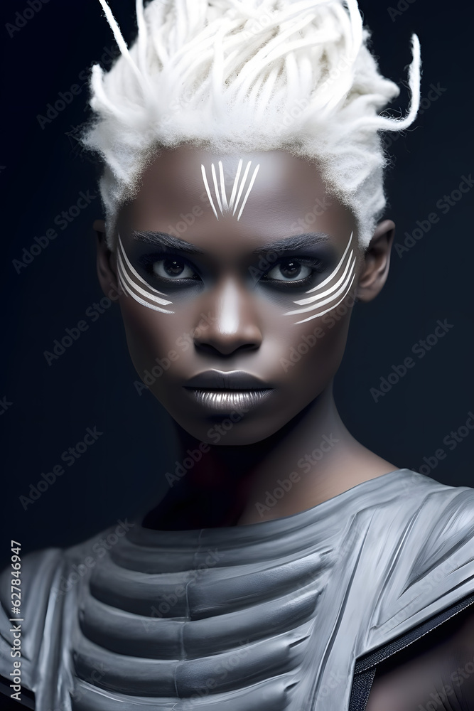 Ethereal Beauty: Portrait of a Young Black Male Model with Platinum Blond Hair and Blue Eyes - AI-Generated Portrait Ethereal Beauty: Portrait of a Young Black Male Model with Platinum Blond Hair and Blue Eyes - AI-Generated Portrait