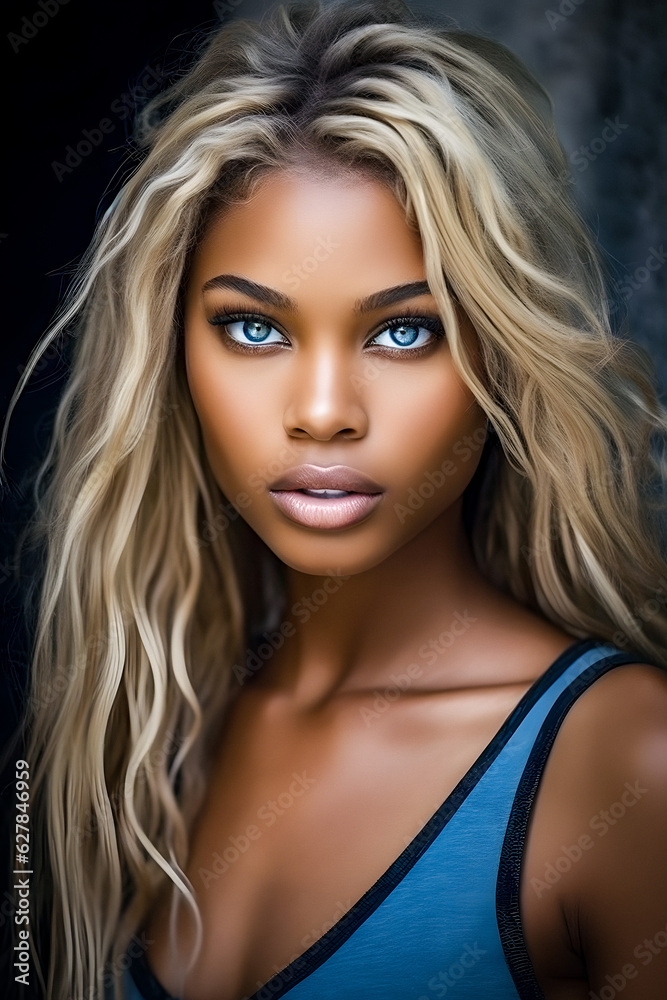 Elegant Portrait of a Beautiful Black Model with Blonde Hair and Blue Eyes - generative ai Elegant Portrait of a Beautiful Black Model with Blonde Hair and Blue Eyes - generative ai