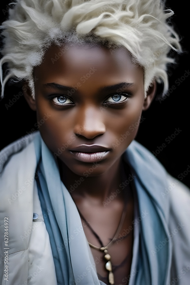 Ethereal Beauty: Portrait of a Young Black Male Model with Platinum Blond Hair and Blue Eyes - AI-Generated Portrait Ethereal Beauty: Portrait of a Young Black Male Model with Platinum Blond Hair and Blue Eyes - AI-Generated Portrait