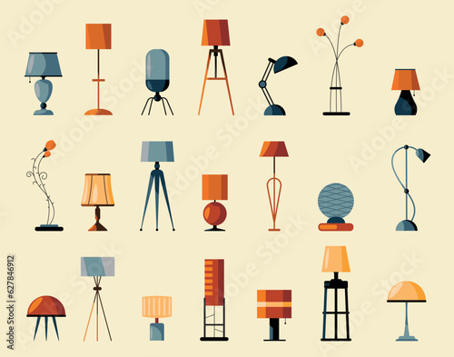 Floor and table lamps. Desk and loft electric light with bulb, room illumination equipment cartoon flat style. Vector isolated set