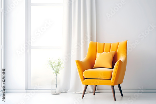 Yellow armchair near a brightly lit window.
