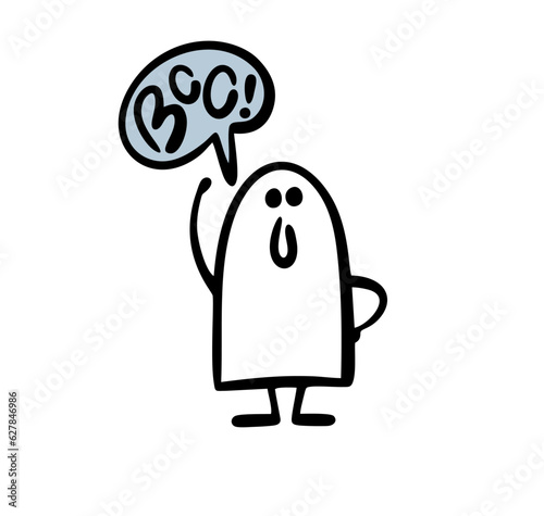 Funny friendly ghost raised his hand and greets with the word Boo. Vector illustration of a child in a fairy tale hero costume at a Halloween party.