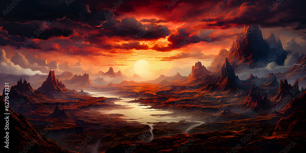 Dramatic Sunset over a Fantastic Landscape - generative ai