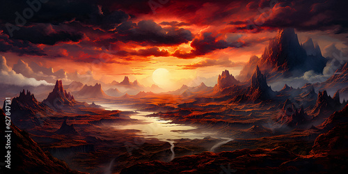 Dramatic Sunset over a Fantastic Landscape - generative ai © Uolir
