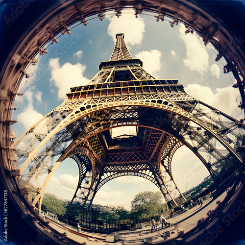 Parisian Kaleidoscope: AI-Generated Fish-eye View of Colorful Eiffel Tower © Uolir