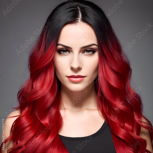 Model with shiny red wavy hair