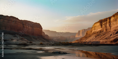 River Reflections: Majestic Cliffs and AI-Generated Orange Rock Landscape - generative ai