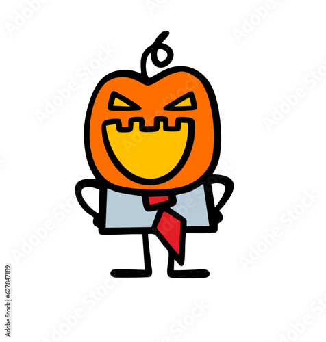 Man in a business suit and a pumpkin mask on his face. Vector illustration of stick figure character for a Halloween party.