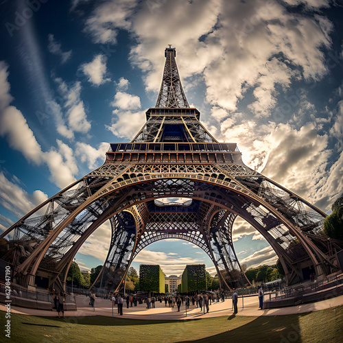 Parisian Kaleidoscope: AI-Generated Fish-eye View of Colorful Eiffel Tower © Uolir