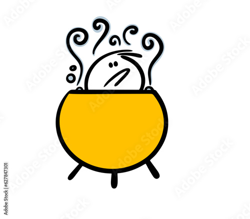 Disgruntled stickman is sitting in a cauldron of boiling water. Vector illustration of the punishment of a cartoon man for sins in hell.