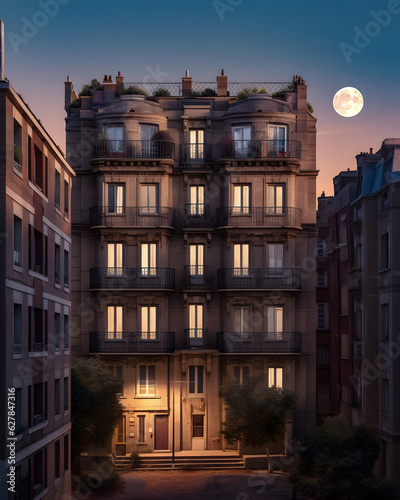 Parisian Nightscapes: Surreal Moonlit Buildings in surrealistic-inspired Style (AI-generated photo)