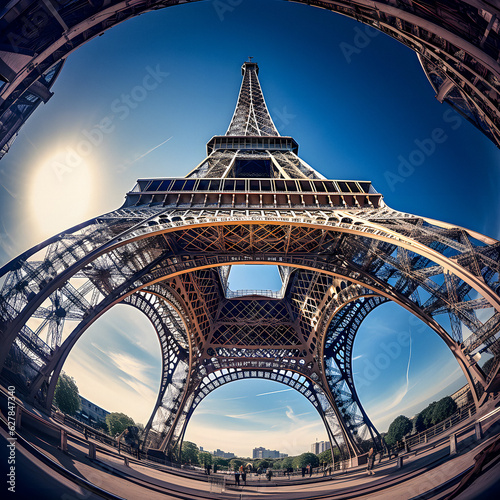 Parisian Kaleidoscope: AI-Generated Fish-eye View of Colorful Eiffel Tower © Uolir