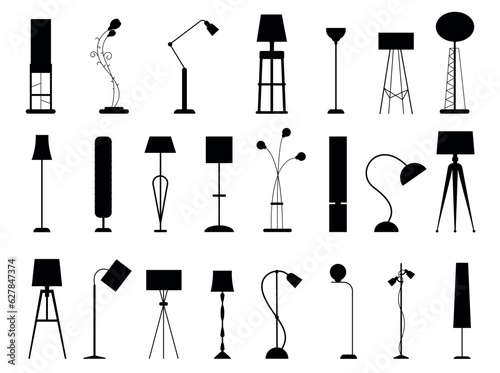 Floor lamp silhouettes. Modern light furniture, office and home decorative light, tall lamps and floor lamps detail. Vector isolated set