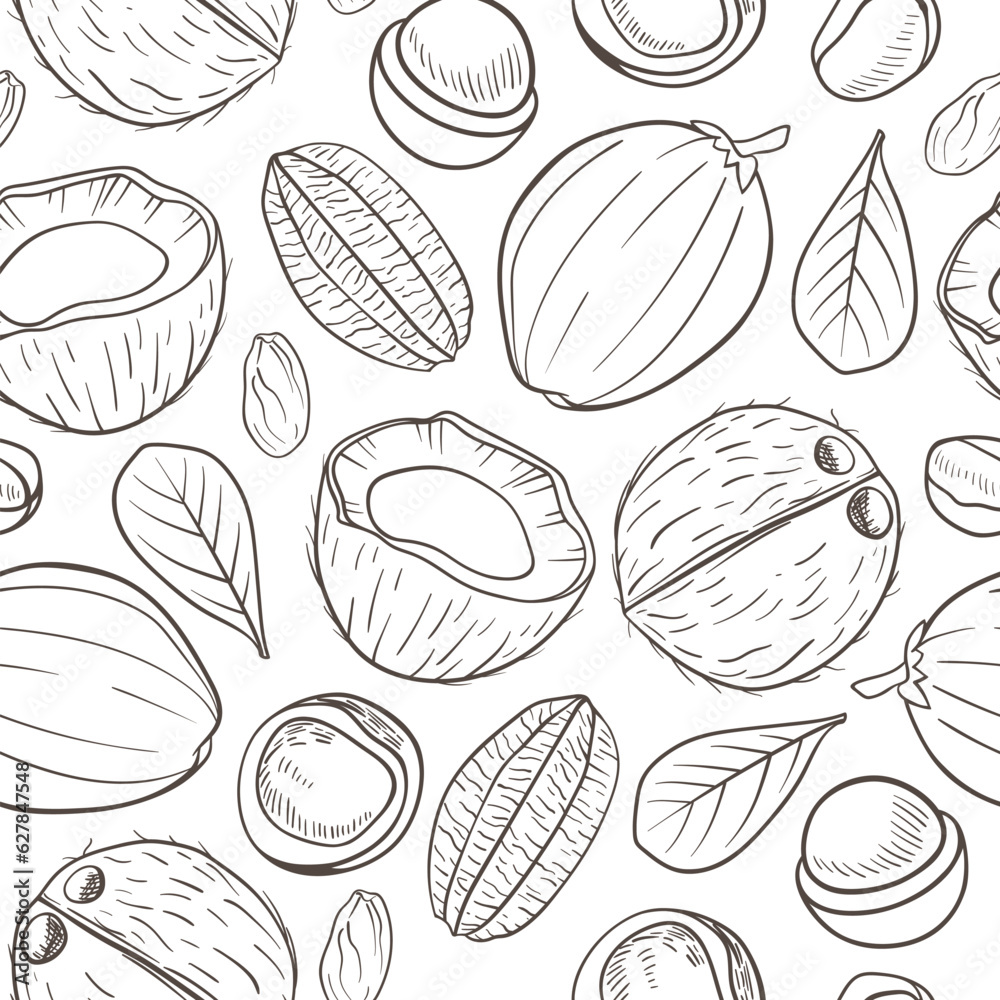 Seamless pattern with coconuts and macadamia nuts