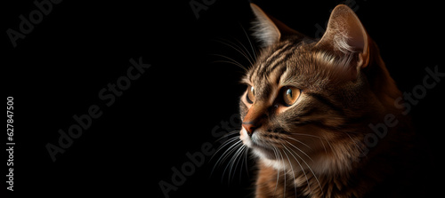 Calm face expression of the cat on black background, banner. Generative AI