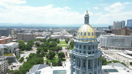 Fadeaway shot of downtown Denver looking West towards the Rocky Mountains