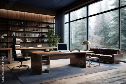 modern home office interior with black walls, wooden floor, natural lighting and window view | long desk with a computer | Bookshelf filled with books and decorations | house plants 